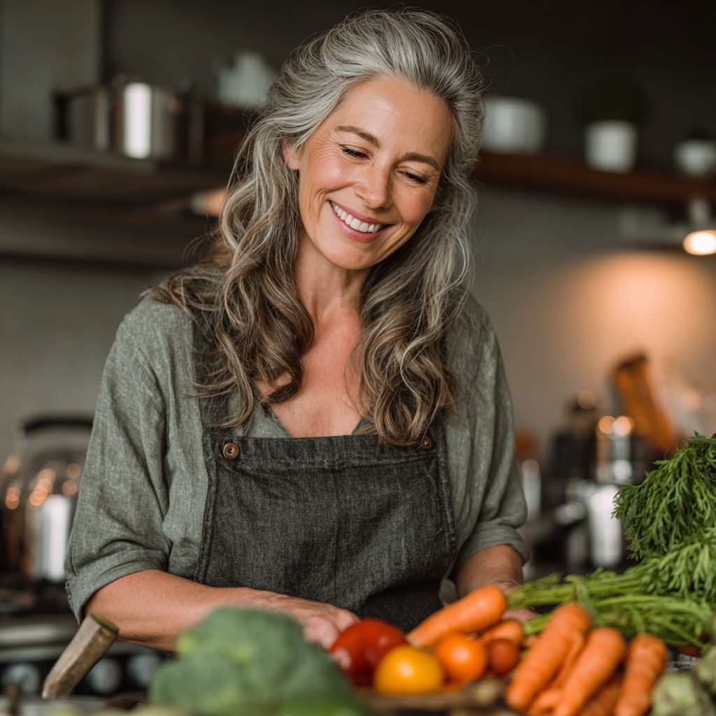 Happy middle-aged woman in her 40s smiling while preparing healthy vegetables and fruits in a bright modern kitchen, representing wellness and nutrition planning