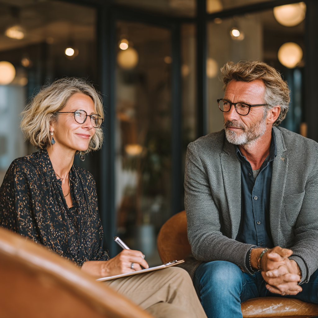 Professional nutritionist in her 50s consulting with a middle-aged male client in modern office setting, both looking confident and engaged in healthy lifestyle discussion